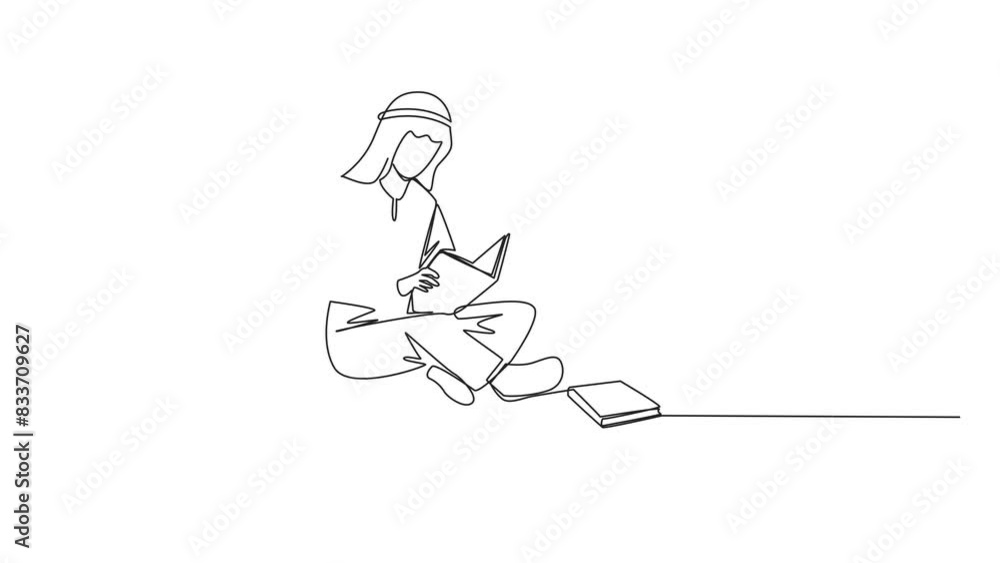 Poster animation of continuous line drawing arabian man sitting relax in library reading lot of books. look