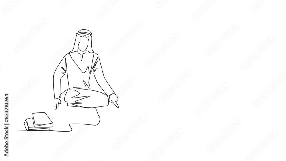 Poster animation of one line drawing arabian man reading the books happily. good reading interest. really e