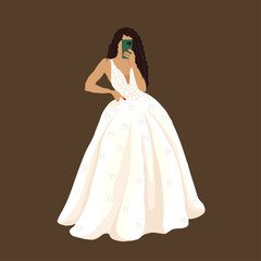 A stylish girl in a wedding dress with a phone in her hands and curly hair. vector illustration