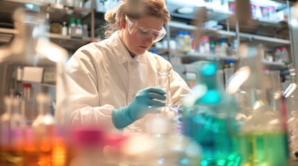 A scientist conducts an experiment in the laboratory. A laboratory assistant studies antibodies for scientific research.