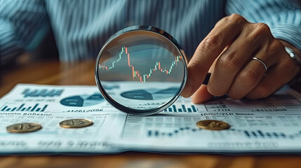 Fototapeta premium A person is holding a magnifying glass over a piece of paper with graphs