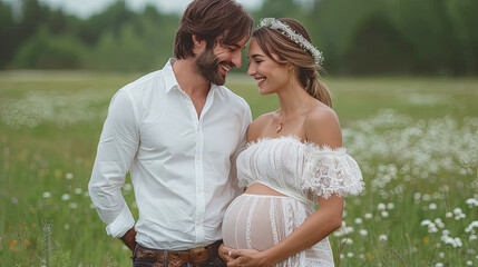 A man and a woman are standing in a field, the woman is pregnant