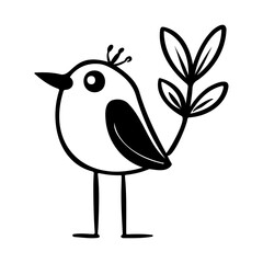 A charming hand-drawn cartoon of a bird holding a leaf, in a minimalist black and white style.