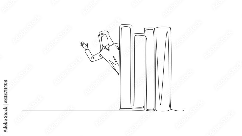 Aufkleber animation of one line drawing arabian man appears from behind a row of books. invitation to read the