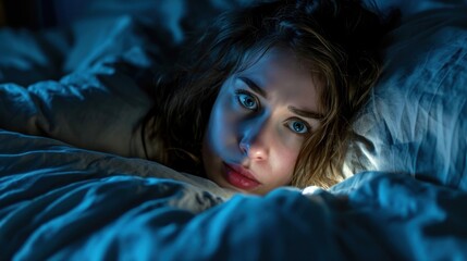 woman in bed late trying to sleep suffering insomnia, sleepless or scared in a nightmare, looking sad worried and stressed. Tired and headache or migraine waking up in the middle of the night.