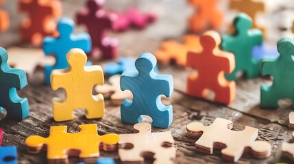 Obraz premium colorful wooden puzzle pieces scattered on a table