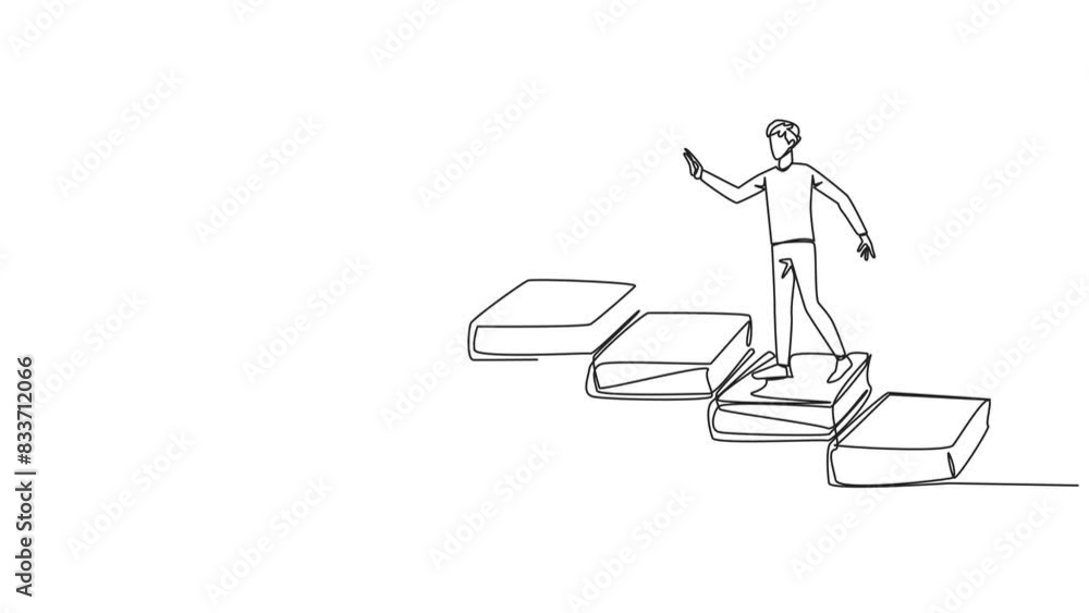 Poster animation of continuous one line drawing man climb stairs from books. reading increases knowledge wh