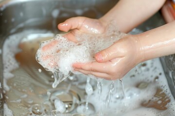 Fototapeta premium Closeup of a child's soapy hands being washed under running water in a sink