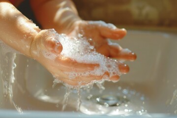 Fototapeta premium Closeup of a child's soapy hands being washed under running water in a sink
