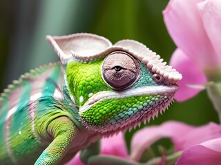Fototapeta premium Chameleon on the flower. Beautiful extreme close-up.