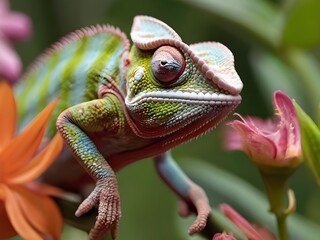 Obraz premium Chameleon on the flower. Beautiful extreme close-up.