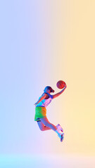 Poster. Athletic woman wearing sports uniform performs perfect slam dunk in neon light against...