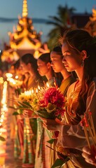 Fototapeta premium People in traditional clothes holding flowers, incense, and candles in a Vesak Day procession around a pagoda, serene evening, spiritual and festive atmosphere
