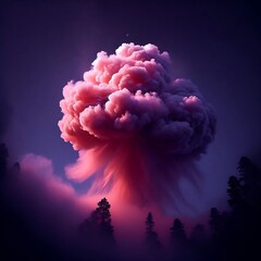 A vibrant cloud of smoke with a color gradient from deep purple to pink, suggesting a dynamic and intense event