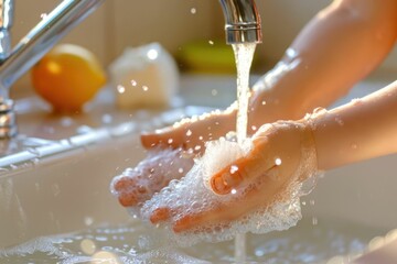 Fototapeta premium Closeup of a child's soapy hands being washed under running water in a sink