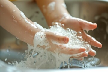 Fototapeta premium Closeup of a child's soapy hands being washed under running water in a sink