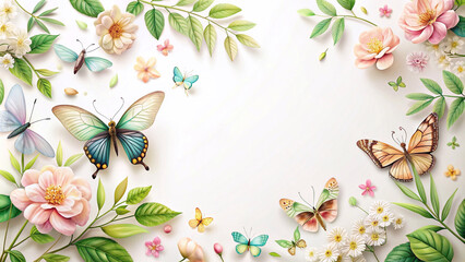 Obraz premium Butterflies, flowers and leaves serve as backgrounds for congratulation cards on various occasions.