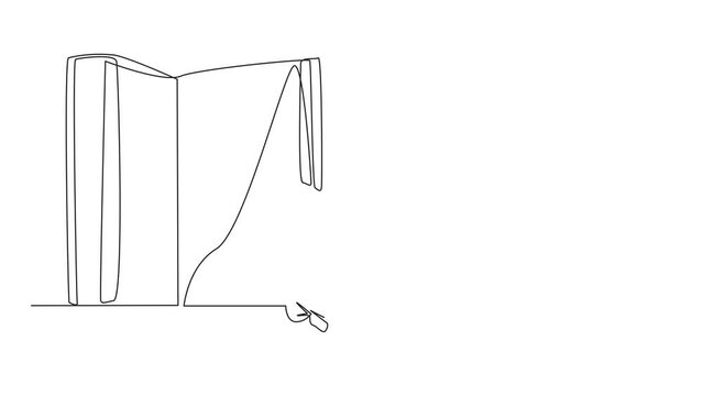Animated self drawing of continuous one line drawing woman sitting in front of a big open book reading a book. Serious and focused learning increases insight. Book festival. Full length animation