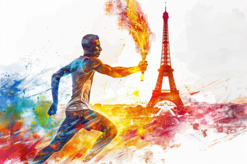 man holding the olympic torch, Eiffel tower in Paris in the background, in style of an aquarelle