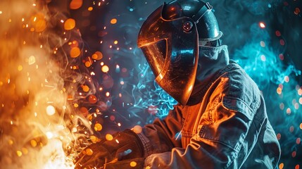 a detailed image of Worker welding metal, protective gear, bright sparks, hd,upscale