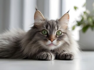 Fototapeta premium Funny large longhair gray kitten with beautiful big green eyes lying on white table. 