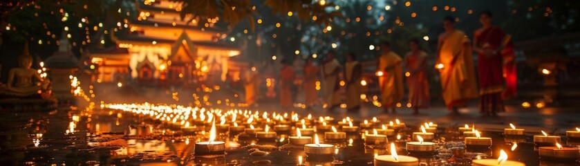 Obraz premium Vesak Day candlelight ceremony with men and women in traditional attire walking around the temple