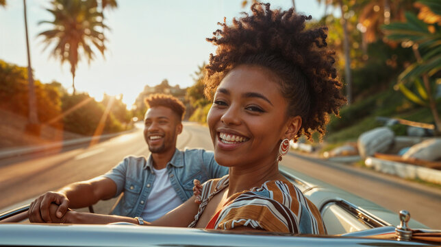 A young African American man and woman are seen driving in a convertible car, enjoying the open road