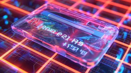 Futuristic Transparent Credit Card with Holographic Details Hovering Over a Digital Grid