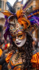 Mardi Gras Revelers in Elaborate Costumes and Masks on Historic Street Background