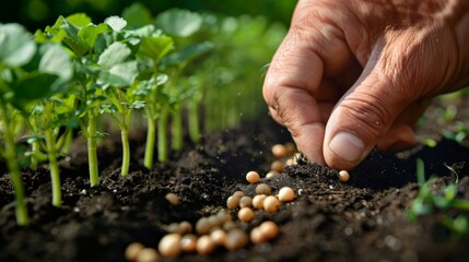 Gardener Planting Seeds: Illustrate a close-up of a gardener's hands planting seeds in soil, with a lush garden in the background.