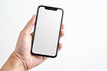 Hand holding an iPhone with a blank screen on white background