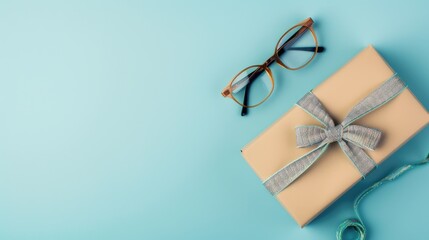 Elevate your Father's Day gifting with this classy image of a gift box, accessorized with a fashionable necktie and trendy glasses, against a serene blue background, featuring generous room for