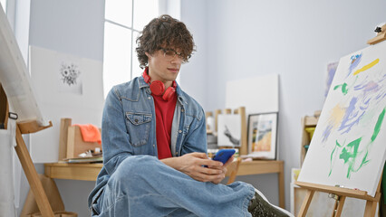A young man with curly hair and headphones uses a smartphone in a bright art studio.