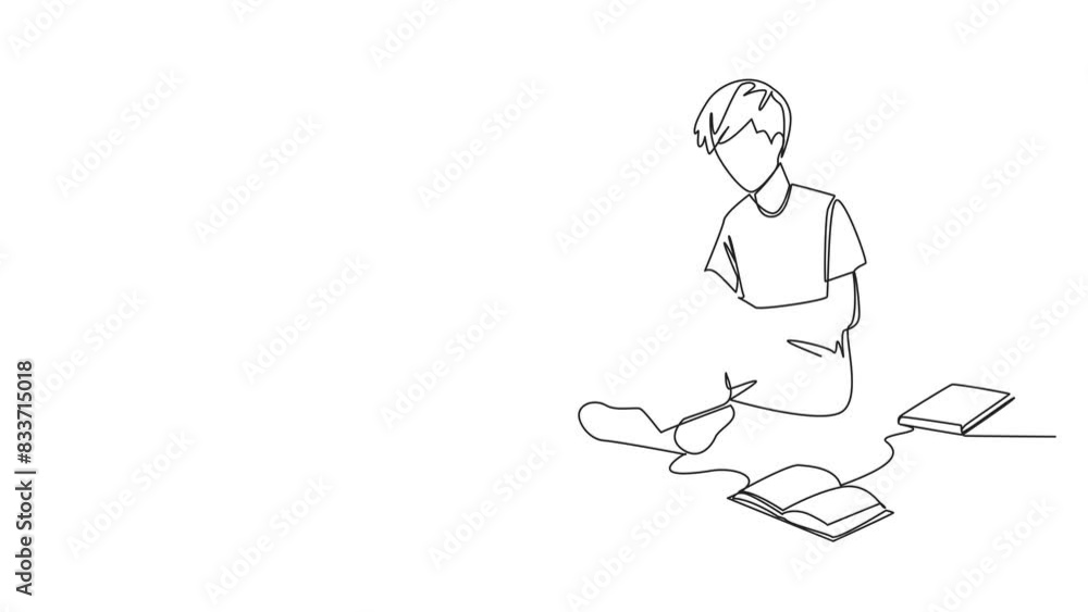 Poster self drawing animation of single continuous line drawing man sitting relaxed in a library reading a 