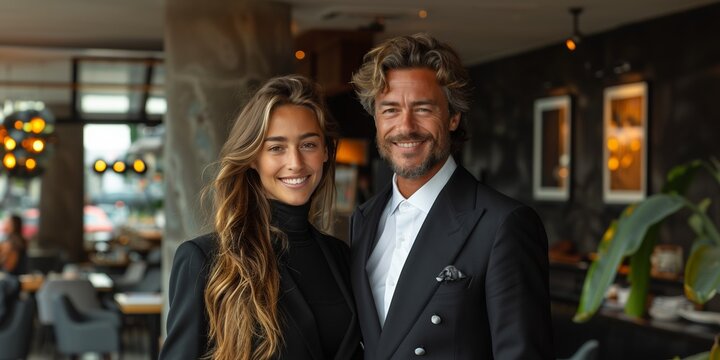 Confident and successful business professionals, a couple in sharp suits, embodying teamwork and cooperation