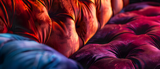 A couch with a purple cushion and a red cushion
