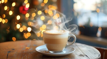 Obraz premium steam gently rising from a cappuccino cup on a festive morning, capturing the serene holiday mood with a background of blurred twinkling Christmas lights