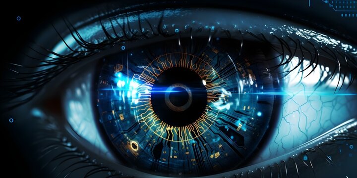 Digital eye scanning network symbolizing cybersecurity threat detection and prevention. Concept Cybersecurity Network, Eye Scanning, Threat Detection, Prevention, Digital Security