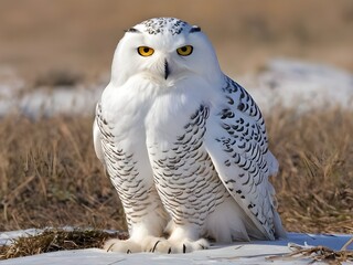 Obraz premium White snowy owl sits in the snow in the field