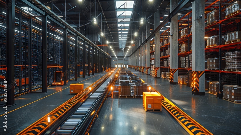 Poster warehouse with automated storage and retrieval systems efficiently sorting goods.