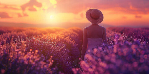 Woman in a lavender field at sunset, wearing a straw hat and a light dress, capturing the serene...