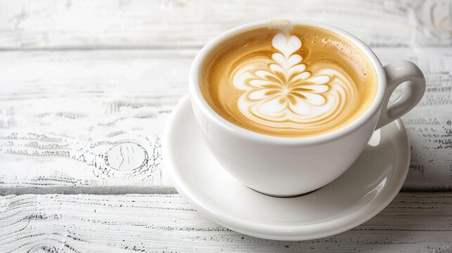 white cup of cappuccino with creative milk foam flower latte art on wooden table, outdoor cafe setting, natural light, relaxing atmosphere, perfect for coffee shops, cafes, and lifestyle blogs