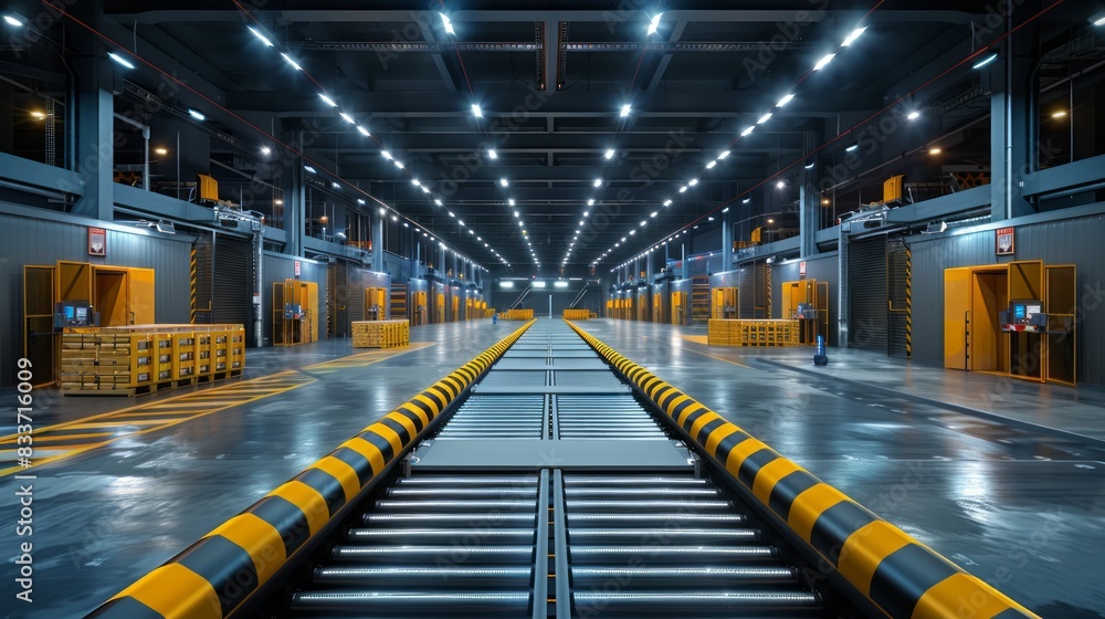 Poster warehouse with automated storage and retrieval systems efficiently sorting goods.