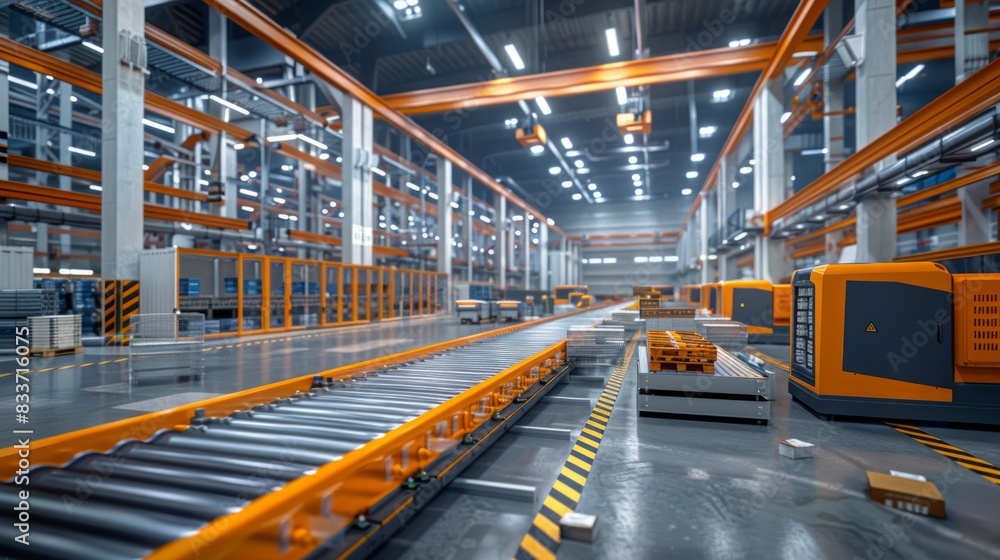 Poster warehouse with automated storage and retrieval systems efficiently sorting goods.