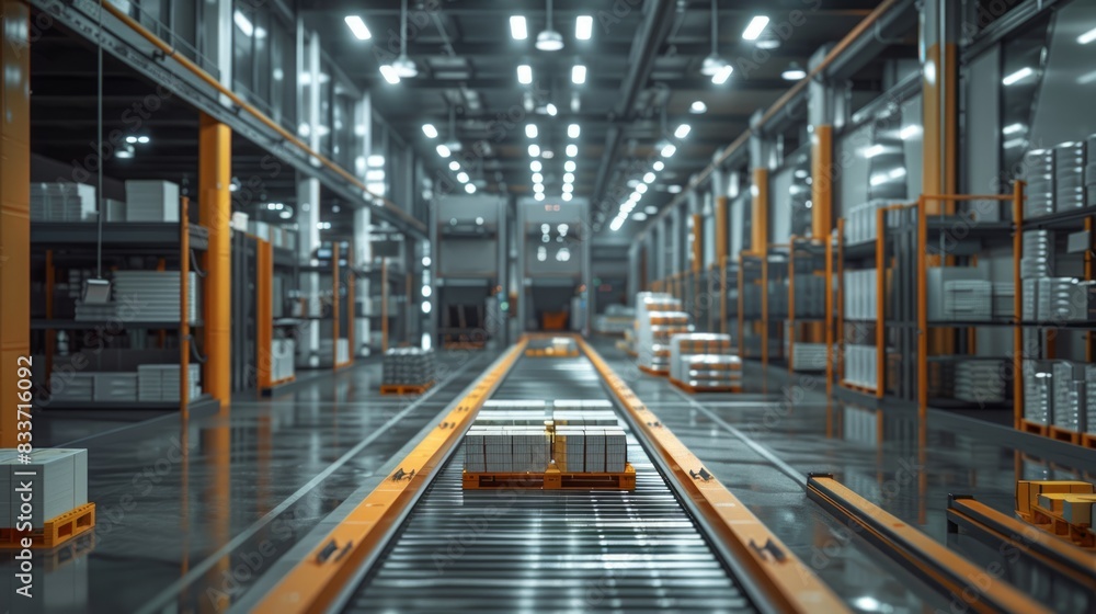 Poster warehouse with automated storage and retrieval systems efficiently sorting goods.