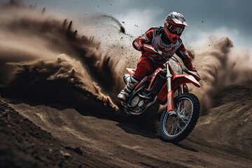 Motocross rider racing on a dirt track, kicking up dust and dirt.