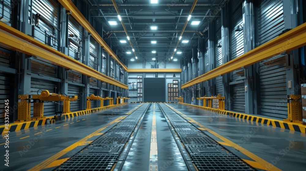 Poster warehouse with automated storage and retrieval systems efficiently sorting goods.