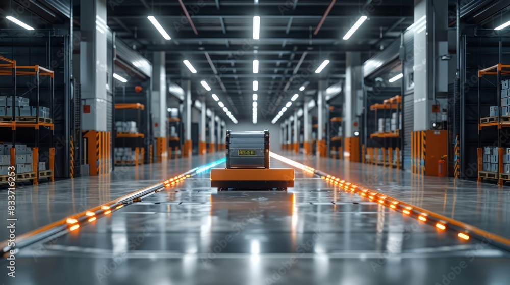 Poster warehouse with automated storage and retrieval systems efficiently sorting goods.