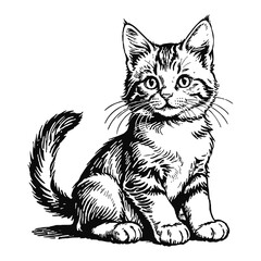 Obraz premium Norwegian Forest Cat Kitten Hand Drawn Engraved Ink Line Art Sketch Illustration