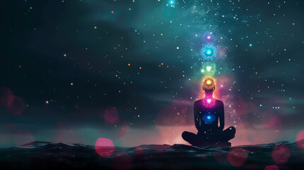 Woman in lotus position meditating, colorful and bokeh, outdoors at night